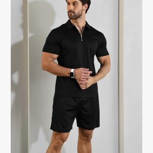 Mens Polo Shirt and Shorts Sets Outfits (Black)