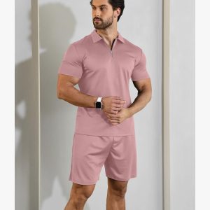Short Sleeve Casual Polo Shirt and Shorts Sets Two Piece Summer Outfits Zip Polo (Pink)