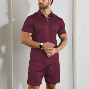 Short Sleeve Casual Polo Shirt and Shorts Sets Two Piece Summer Outfits Zip Polo (Wine Red)