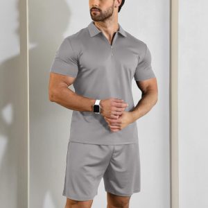 Short Sleeve Casual Polo Shirt and Shorts Sets Two Piece Summer Outfits Zip Polo (Grey)