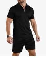 Short Sleeve Casual Polo Shirt and Shorts Sets Two Piece Summer Outfits Zip Polo (Black) - Image 3