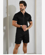 Short Sleeve Casual Polo Shirt and Shorts Sets Two Piece Summer Outfits Zip Polo (Black)
