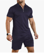Short Sleeve Casual Polo Shirt and Shorts Sets Two Piece Summer Outfits Zip Polo (Navy) - Image 3
