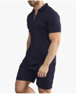 Short Sleeve Casual Polo Shirt and Shorts Sets Two Piece Summer Outfits Zip Polo (Navy) - Image 4