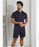 Short Sleeve Casual Polo Shirt and Shorts Sets Two Piece Summer Outfits Zip Polo (Navy)