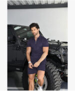 Short Sleeve Casual Polo Shirt and Shorts Sets Two Piece Summer Outfits Zip Polo (Navy) - Image 2