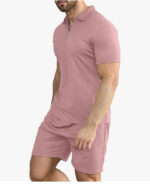 Short Sleeve Casual Polo Shirt and Shorts Sets Two Piece Summer Outfits Zip Polo (Pink) - Image 4