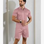 Short Sleeve Casual Polo Shirt and Shorts Sets Two Piece Summer Outfits Zip Polo (Pink)