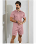 Short Sleeve Casual Polo Shirt and Shorts Sets Two Piece Summer Outfits Zip Polo (Pink)
