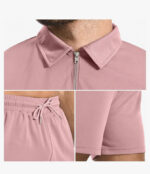 Short Sleeve Casual Polo Shirt and Shorts Sets Two Piece Summer Outfits Zip Polo (Pink) - Image 2