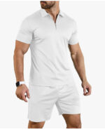 Short Sleeve Casual Polo Shirt and Shorts Sets Two Piece Summer Outfits Zip Polo (White ) - Image 3