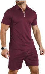Short Sleeve Casual Polo Shirt and Shorts Sets Two Piece Summer Outfits Zip Polo (Wine Red) - Image 3