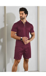 Short Sleeve Casual Polo Shirt and Shorts Sets Two Piece Summer Outfits Zip Polo (Wine Red)