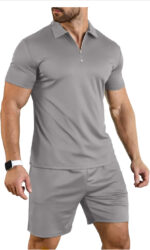 Short Sleeve Casual Polo Shirt and Shorts Sets Two Piece Summer Outfits Zip Polo (Grey) - Image 5