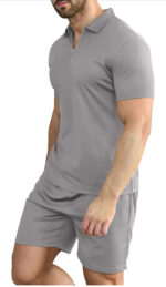 Short Sleeve Casual Polo Shirt and Shorts Sets Two Piece Summer Outfits Zip Polo (Grey) - Image 4