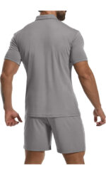 Short Sleeve Casual Polo Shirt and Shorts Sets Two Piece Summer Outfits Zip Polo (Grey) - Image 3