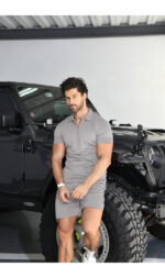 Short Sleeve Casual Polo Shirt and Shorts Sets Two Piece Summer Outfits Zip Polo (Grey) - Image 2