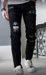 Men Washed Solid Distressed Embroidered Pencil Pants - Image 2