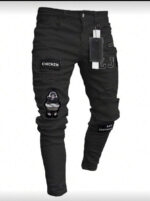 Men Washed Solid Distressed Embroidered Pencil Pants - Image 3