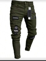 Men Washed Solid Distressed Embroidered Pencil Pants